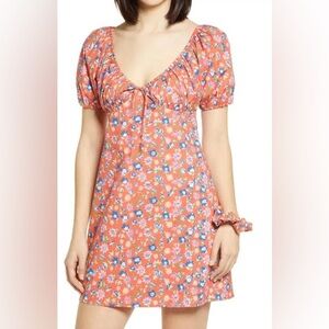 Wayf Women's Small Cruz Floral Minidress Orange Floral V-Neck Gathered Bust